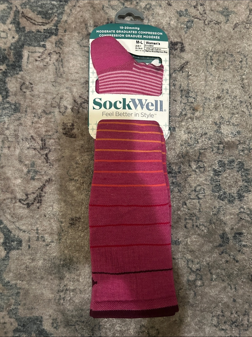 SockWell Women's Compression Crew Socks in Pink Stripe